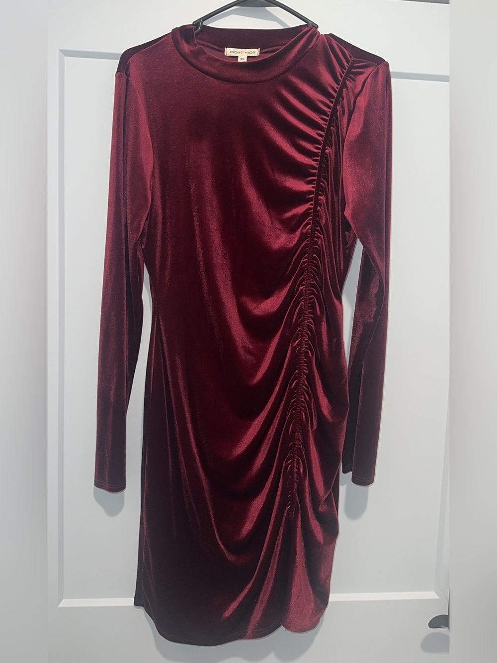 Burgundy Velvet Ruched Long Sleeve Dress